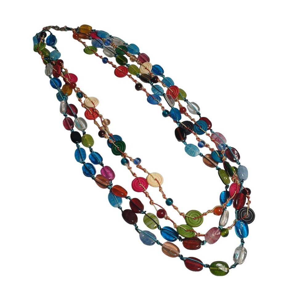 Colorful BOHO Beaded Necklace Glass Wooden 4 Layer Lobster Clasp Beach Core